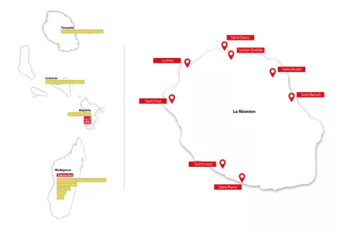 Carte d'implantation d'Apprentis d'Auteuil Océan Indien