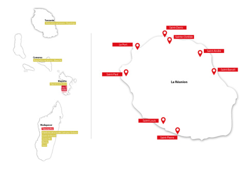 Carte d'implantation d'Apprentis d'Auteuil Océan Indien